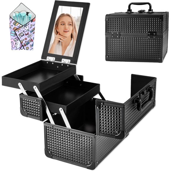 Makeup Case, Portable Makeup Case with Mirror, 2-Trays Organizer Case, Polish Organizer, Travel Makeup Box, Profesional for Salon Barber, Black