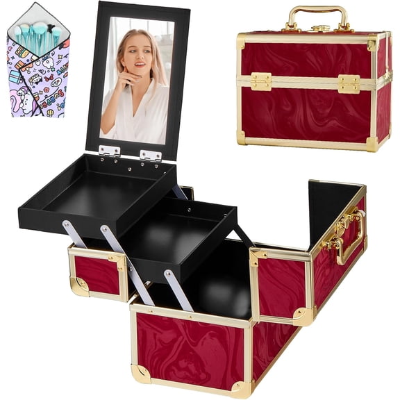 Makeup Case, Portable Makeup Case with Mirror, 2-Trays Organizer Case, Polish Organizer, Travel Makeup Box, Profesional for Salon Barber, Red