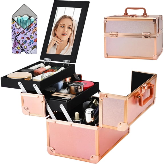 Makeup  Case, Portable Makeup Case with Mirror, 2-Trays  Organizer Case, Polish Organizer, Travel Makeup Box, Profesional for Salon Barber, Rose