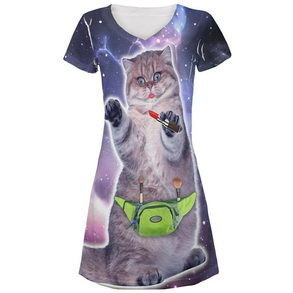 Makeup Cat Funny All Over Juniors Beach Cover-Up Dress Multi X-LG