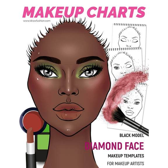 Makeup Charts Workbook: Makeup Charts - Face Templates for Makeup Artists : Black Model - DIAMOND face shape (Series #5) (Paperback)