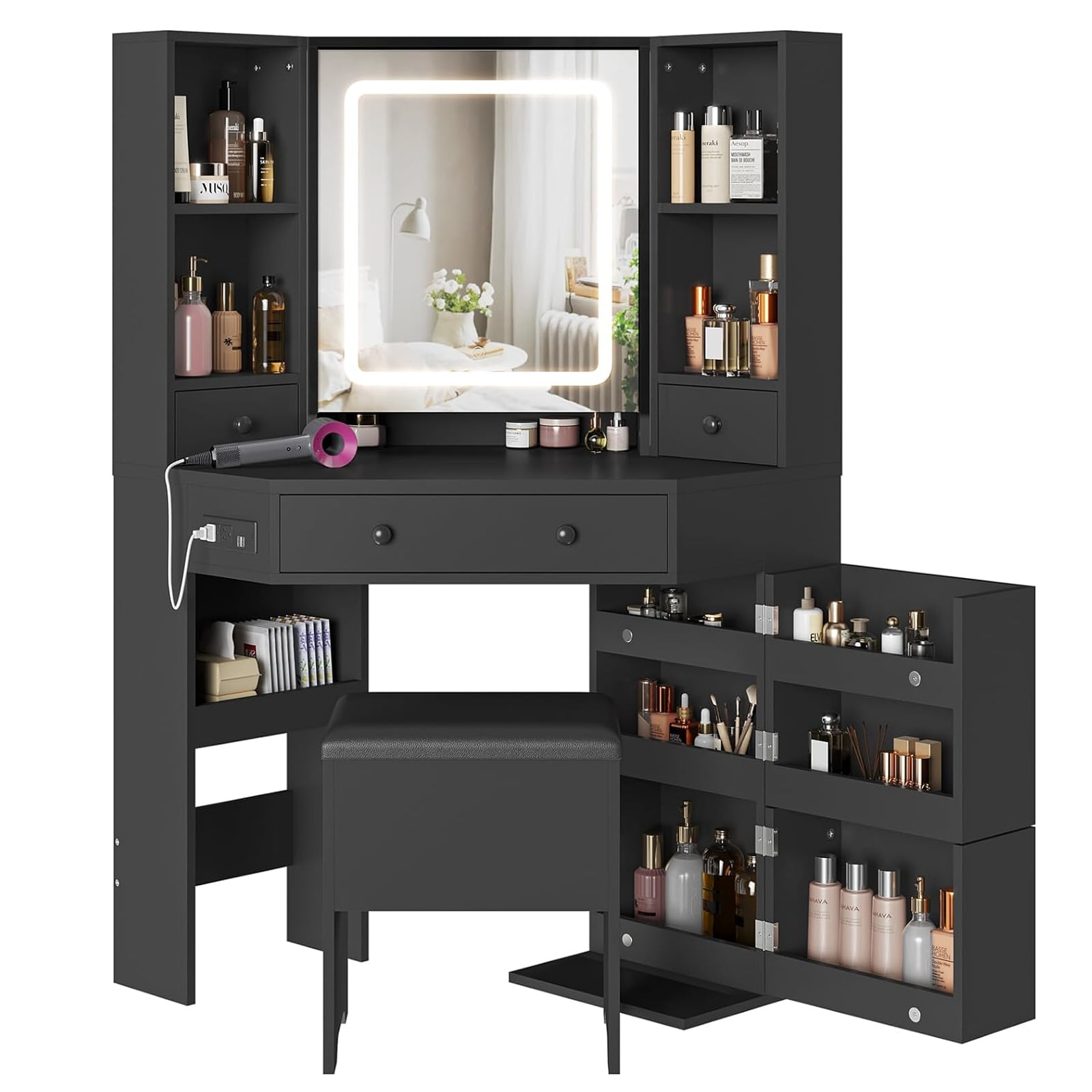 Black Corner Vanity Set with Lighted Mirror and Storage