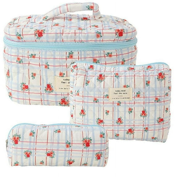 Makeup Cosmetic Bag 3 Pcs Cotton Quilted Makeup Bag Aesthetic Floral Toiletry Bag for Women,C