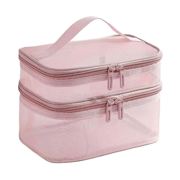 Makeup Cosmetic Bag Container Waterproof Double Zipper PU TPU for Toiletries Pink