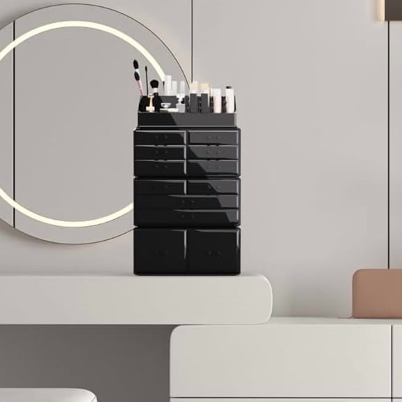 Makeup Cosmetic Organizer Storage Drawers Display Boxes Case with 12 Drawers (Black)
