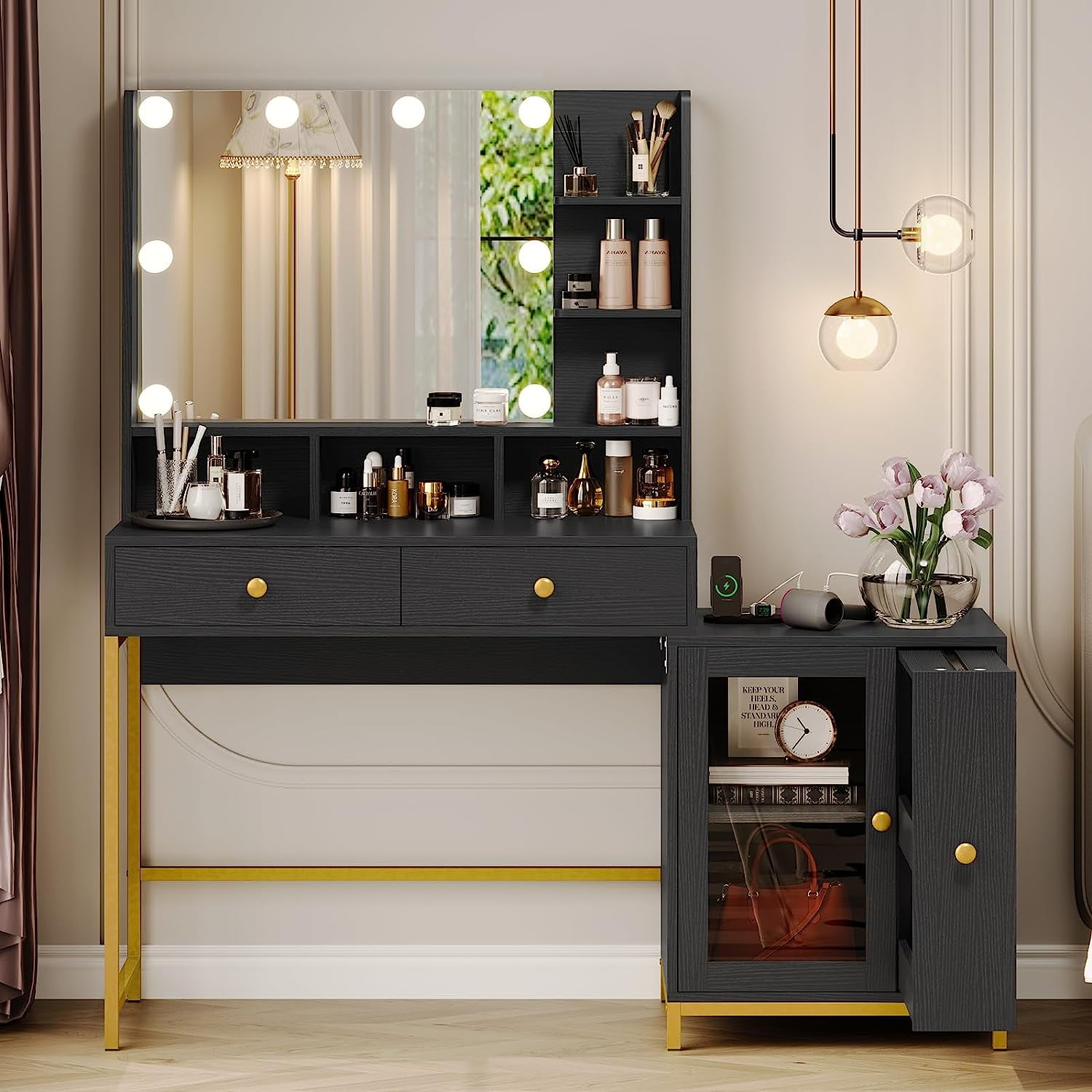 Makeup Desk with Charging Station, Vanity Dressing Table with Mirror