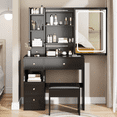 thumbnail image 1 of Makeup Desk with Sliding LED Mirror, Makeup Vanity Set with Cushioned Stool, Dressing Table w/Storage Drawer & Shelves, Vanity Mirror 3 Lighting Color Adjustable, 1 of 8