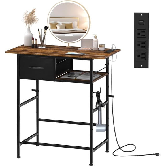 Makeup Desk with  Station, Small Vanity Table with Drawer & Metal Hook for Bedroom, Dorm Room, Writing Desk, No Mirror, Compact Storage Organizer, Brown.