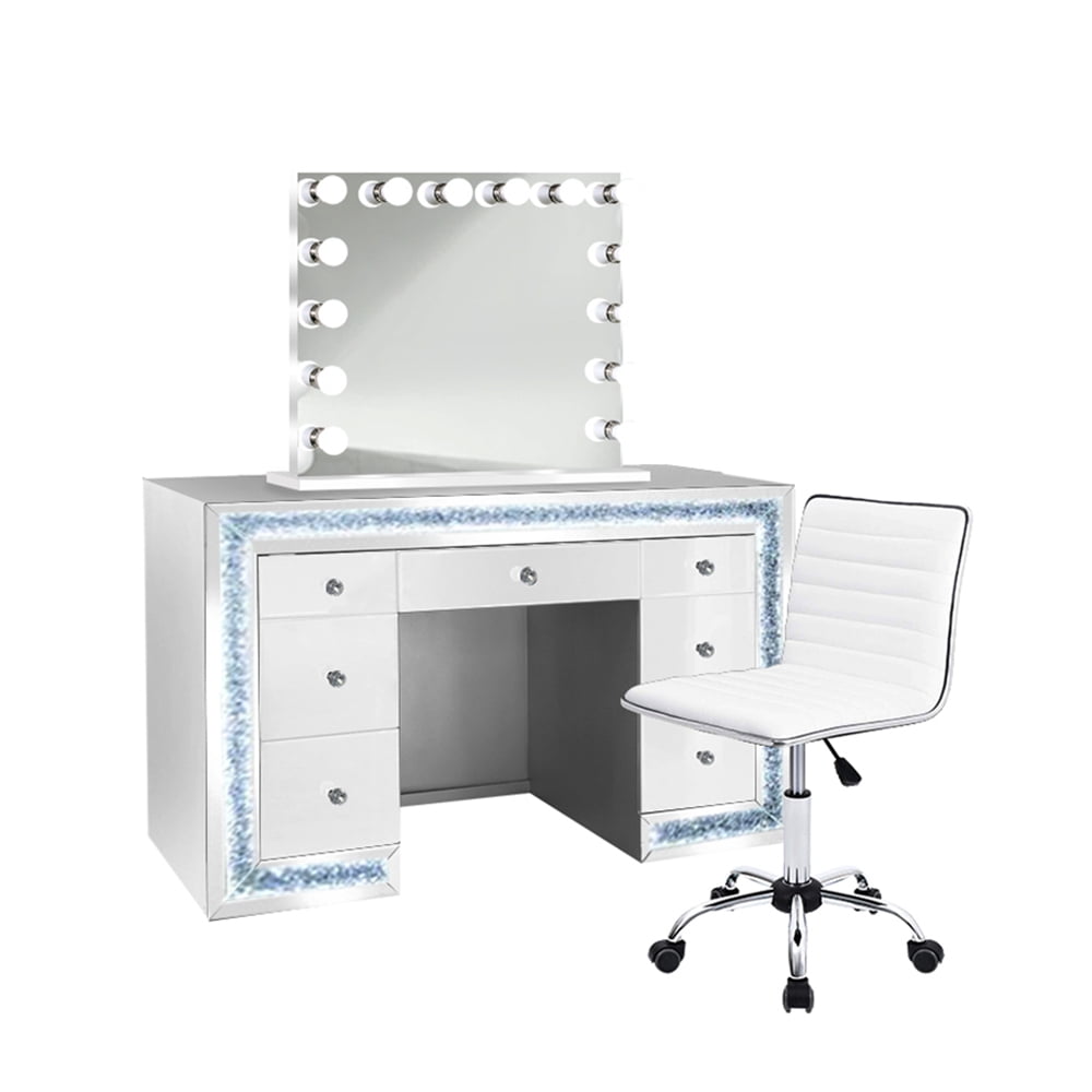 Makeup Diamond Vanity Set Includes Glam Hollywood Mirror Makeup Table with Multi Drawers White