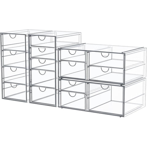 Makeup Drawer Storage Organizer with 16 Drawers, 4 Set Acrylic Office Desk Organization and Storage, Dustproof Drawer Organizer for Office, Countertop, Bathroom, Bedroom