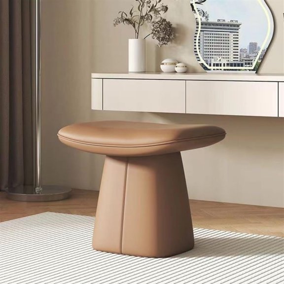 Makeup Dressing Table Stool, Solid Wood Frame, Leather Upholstery, Multi-Purpose, Space-Saving, Classic Brown