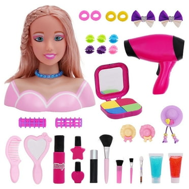 Makeup and Hair Styling Doll Head Toy Kit Kids Pretend Play Set with Hair Dryer Washable Cosmetics Style Accessories, Makeup Practice Birthday Gifts for Girls