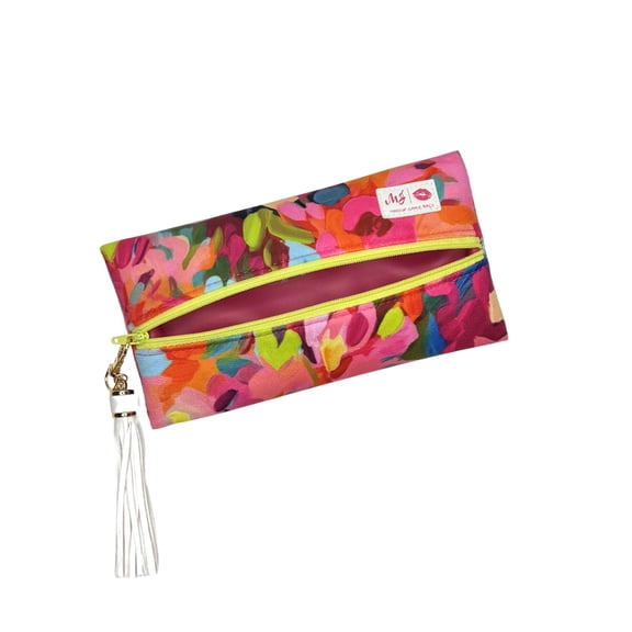 Makeup Junkie Mini Makeup Bag - Meadow Magic Vogue Velvet - Patented Lay Flat Travel Toiletry Bag for Women - 4" x 7" Handmade USA Small Cosmetic Pouch with Wipeable Lining