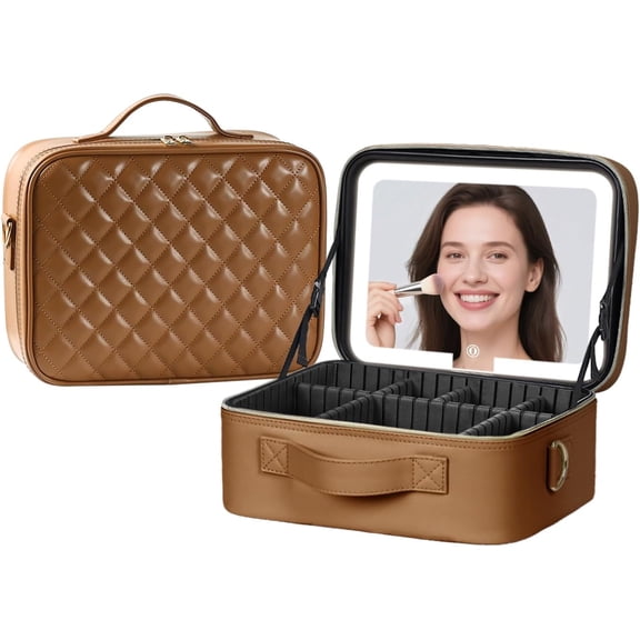 Makeup  with LED Light Mirror,12 Inch Professional Portable Travel  Organizer Bag with Adjustable Dividers, USB , Large Capacity, Ideal for Travel,  for Women Girls