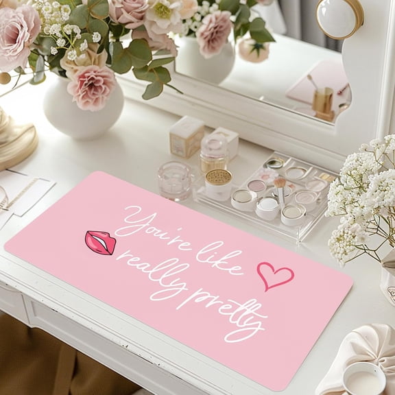 Makeup Mat for Vanity, Dual-Sided Vanity Top Protector Mat Waterproof Dressing Desk Makeup Table Cover Mat You're Like Really Pretty (Baby Pink/Silver, 23.6"x11.8")