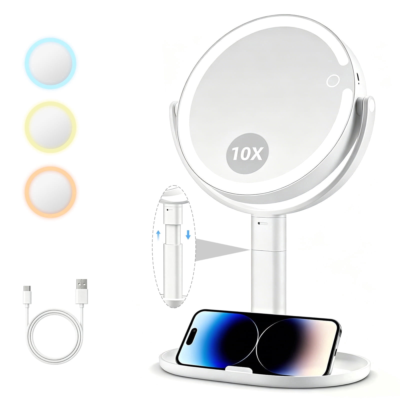 Aubiu Makeup Mirror with Lights, Double Sided 1X/10X Magnifying Vanity Mirror, Rechargeable with 3 Light Modes, Height Adjustable and 360 Rotation