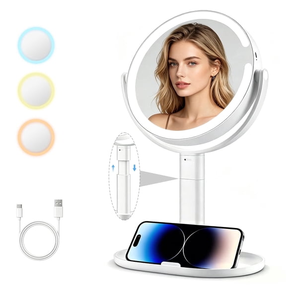 Aubiu Makeup Mirror with Lights, Double Sided 1X/10X Magnifying Vanity Mirror, Rechargeable with 3 Light Modes, Height Adjustable and 360 Rotation