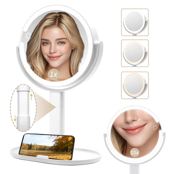 Makeup Mirror with Lights, Double Sided 1x/10x Magnifying MirrorRechargeable 3 Color Lights & Adjustable Brightness and Height LED Vanity Mirror, 360 Rotation Detachable Travel Make Up(White)