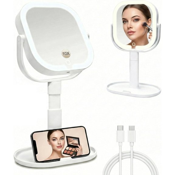 Makeup Mirror with Lights, 1X/10X Magnifying Mirror with Light, Rechargeable Lighted Makeup Mirror with Magnification, 3-Color Lighting, Height Adjustable 360° Rotation Desk Mirror, Gift for Women