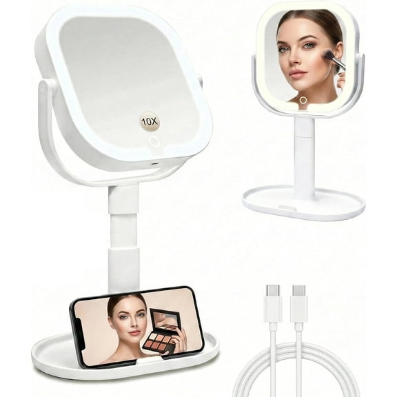 Makeup Mirror with Lights, 1X/10X Magnifying Mirror with Light, Rechargeable Lighted Makeup Mirror with Magnification, 3-Color Lighting, Height Adjustable 360? Rotation Desk Mirror,  for Women