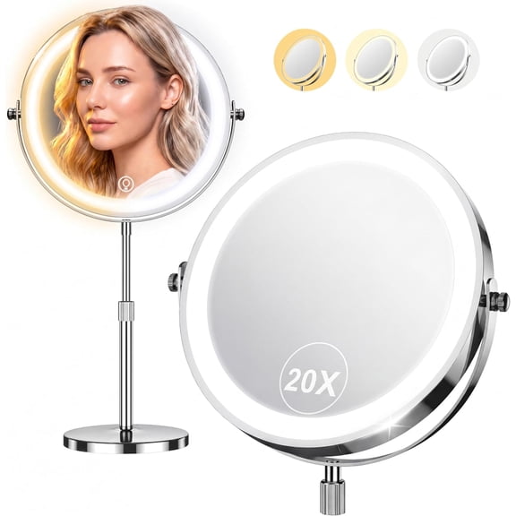 Makeup Mirror with Lights, 1x/20x 360 Rotation Vanity Mirror, Brightness Adjustable Lighted Magnification, 5000 mAh Rechargeable Double Sided 3 Colors, Gift for Women