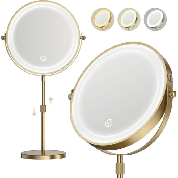 Makeup Mirror with Lights, 1x/20x 360° Rotation Vanity Mirror, Brightness Adjustable Lighted Makeup Mirror with Magnification, 5000 mAh Rechargeable Double Sided Mirror with 3 Colors, Gift for Women