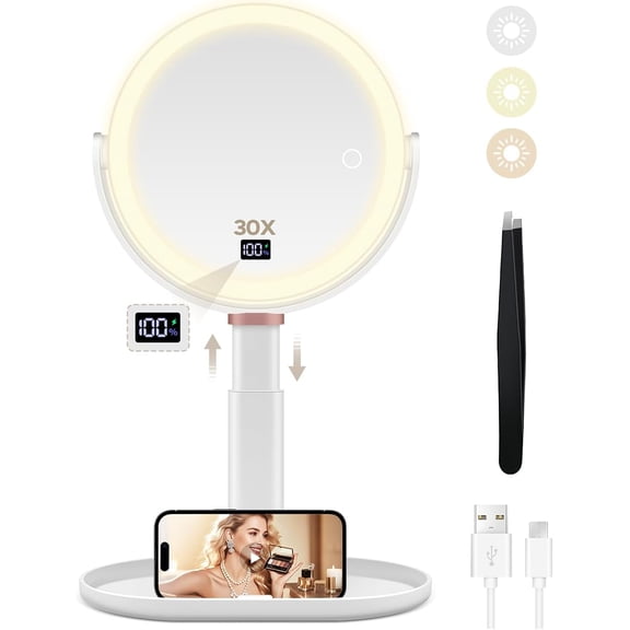 Makeup Mirror with Lights, 30X/1X Magnifying Mirror with Digital Display, Height Adjustable Desk Mirror, Detachable for Travel, Vanity Mirror with Phone Holders and Tweezers, Gifts for Women