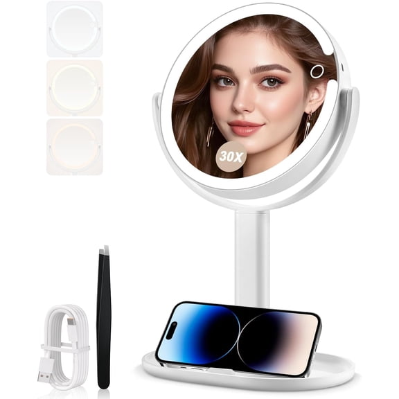Makeup Mirror with Lights, 30X Magnifying Mirror with 2-Sided Switch, Vanity Mirror with 3 Colors and Adjustable Brightness, 80 LEDs, Ideal Gift for Daily Makeup and Skincare, 8.8 Inches