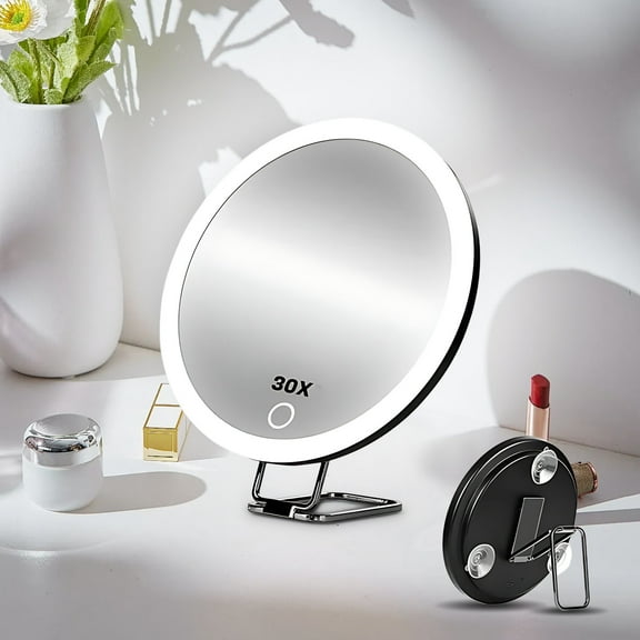 Makeup Mirror with Lights, 30x 360° Rotation Vanity Mirror, Brightness Adjustable Lighted Makeup Mirror with Magnification, Rechargeable Double Sided Mirror , Gift for Women