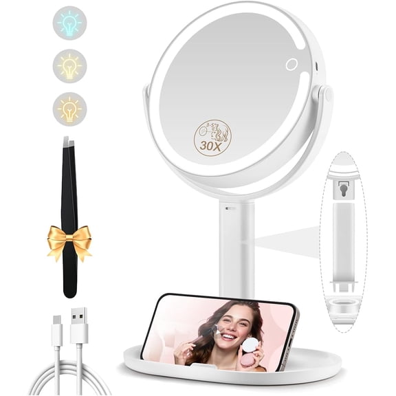 Makeup Mirror with Lights, Double Sided 1x/30x Magnifying Mirror with Light, Rechargeable 3 Color Lights and Adjustable Brightness, 360 Rotation Detachable Comes with Tweezer(White)
