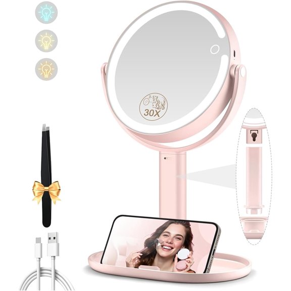 Makeup Mirror with Lights, Double Sided 1x/30x Magnifying Mirror with Light, Rechargeable 3 Color Lights and Adjustable Brightness, 360? Rotation Detachable Comes with Tweezer(Blush-30X)