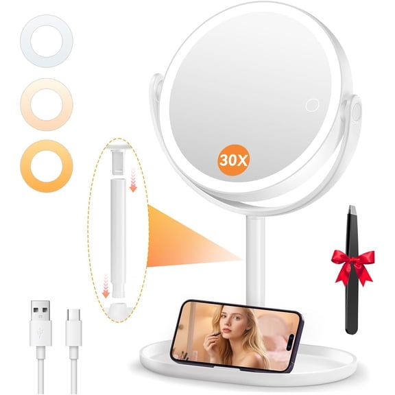 Makeup Mirror with Lights, Double Sided 30X/1X Magnifying Light, 3 Color Stepless Dimmable Touch Screen, Rechargeable 360 Free Standing Vanity Mirrors for Bathroom, Bedroom