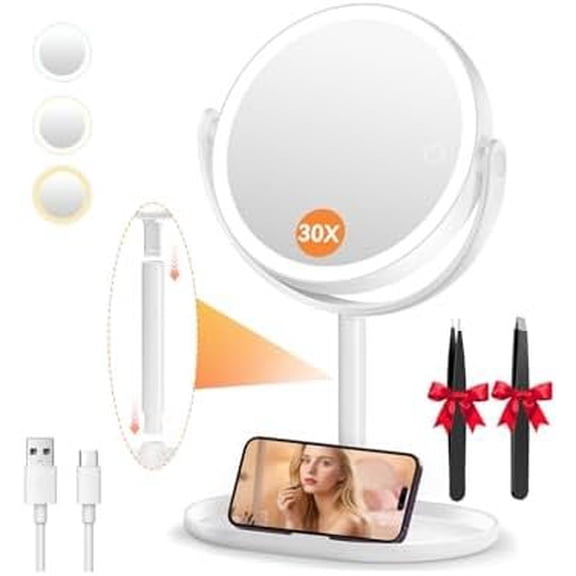 Makeup Mirror with Lights, Double Sided 30X/1X Magnifying Mirror with Light, 3 Color Stepless Dimmable with Screen, Rechargeable 360? Free Standing Mirrors for Bathroom, Bedroom
