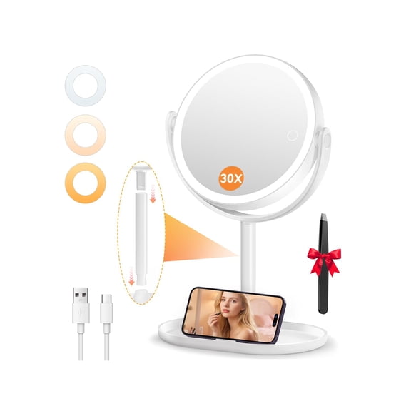 Makeup Mirror with Lights, Double Sided 30X/1X Magnifying Light, 3 Color Stepless Dimmable Touch Screen, Rechargeable 360 Free Standing Vanity Mirrors for Bathroom, Bedroom