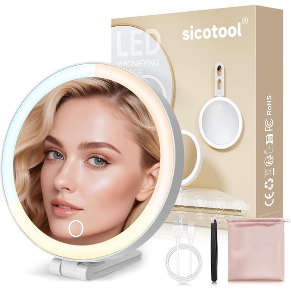 Makeup Mirror with Lights, Handheld Lighted Magnifying Mirror with Suction Cup, 3 Lighting and Adjustable Brightness, Rechargeable Portable Travel Mirror with Storage Bag, Gifts for Women & Seniors