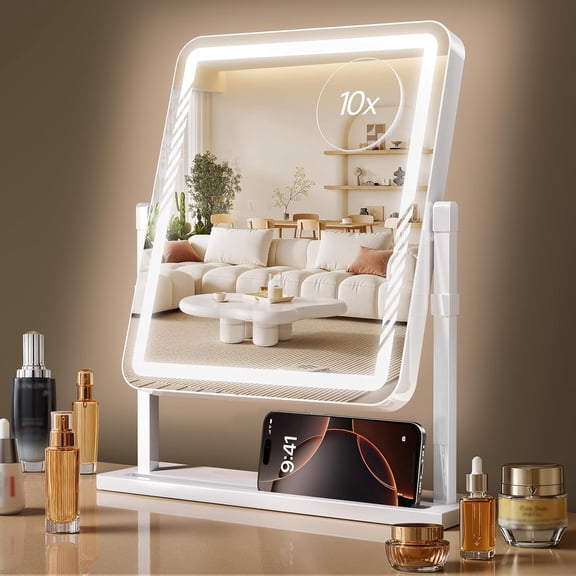 Makeup Mirror with Lights, Height-Adjustable & 360 Rotation, 1/10X Magnification, Three Color Lighting Modes, Vanity Smart Touch Control, Large Desk (17.5in,White)
