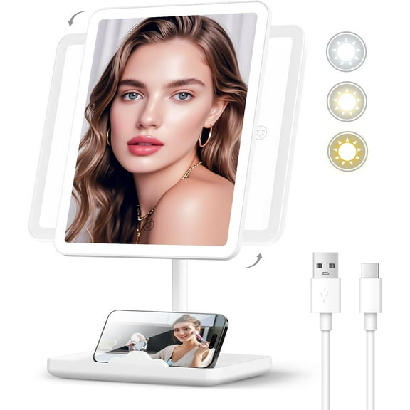 Makeup Mirror with Lights - Lighted Vanity Makeup Mirror Tabletop Dimmable with 3 Color Modes, Hollywood Desk Vanity Mirror with Smart Touch Control, Rechargeable LED Mirror Makeup for Teen Girl