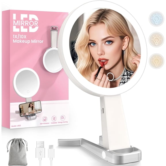 Makeup Mirror with Lights and Magnification, Double-Sided 10X Magnifying Mirror, Portable Lighted Makeup Mirror with 3 Color Lights, Rechargeable Make up Mirror 3 in 1 Tabletop, Handheld, Hanging