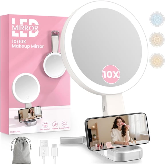 Makeup Mirror with Lights and Magnification, Double-Sided 10X Magnifying Mirror, Portable Lighted Makeup Mirror with 3 Color Lights, Rechargeable Make up Mirror 3 in 1 Tabletop, Handheld, Hanging