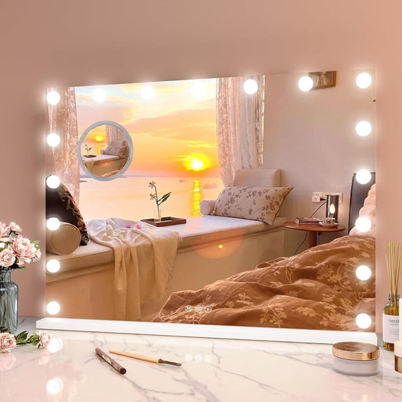 Makeup Mirror with Lights, Multifunctional Smart Touch Vanity Mirror with 17 Dimmable LED Lights and 3 Lighting Modes, 3X Magnification, Tabletop or Wall Mount, Dressing Room/Bedroom Decor Durable Ha