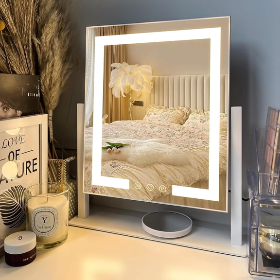 Makeup Mirror with Lights, Vanity Mirror with 3 Lighting Modes, Light Up Mirror, Touch Sensor, AC-Powered, 360 Rotatable, Metal Frame, with Detachable 3.5" 15X Spot Mirro, Gift for Women
