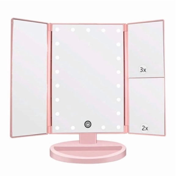 DSR Lighted Makeup Mirror with 2X 3X 10X Magnification, Touch Control, Tri-fold Design, Dual Power Supply, Portable LED Makeup Mirror White