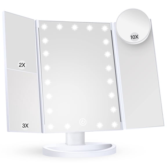 Makeup Mirror Vanity Mirror with Lights, 2X, 3X, 10X Magnification, Touch Control, Trifold, White, 9.4"L x 13.4"W, Modern Style, Dresser Mount, Bathroom
