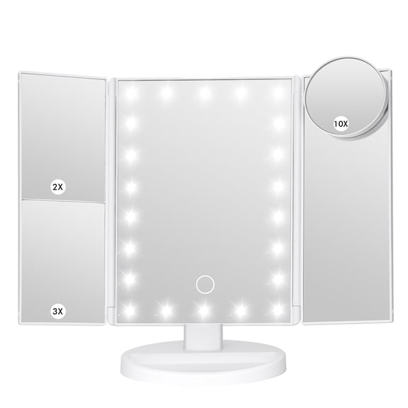 Makeup Mirror Vanity Mirror with Lights2X 3X 10X Magnification, Touch ControlTri-Fold Vanity MirrorRechargeable Desktop Travel Cosmetic Mirror (White)