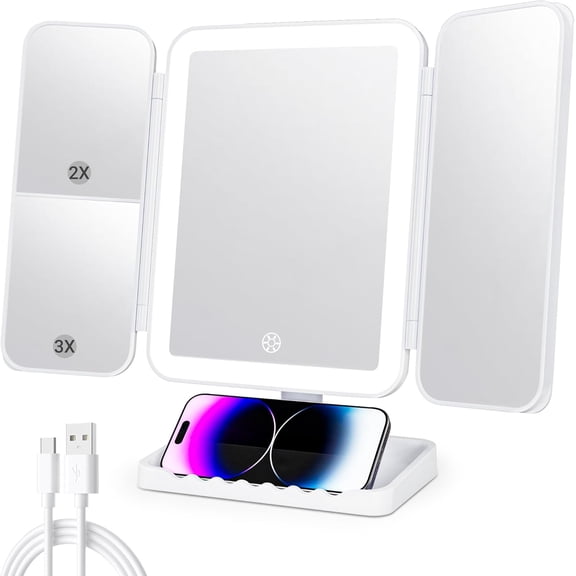 Makeup Mirror Vanity Mirror with Lights, 3 Color Lighting Modes, 1X/2X/3X Magnification, Tri-fold, 360 Rotation, Phone Holder for Makeup, 2000mAh Rechargeable, Bedroom, Bathroom, (White)