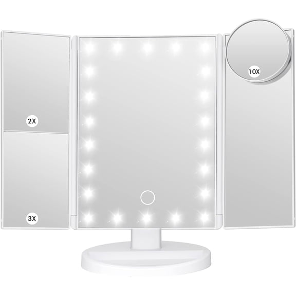 Makeup Mirror Vanity Mirror with Lights, Bathroom Adjustable Brightness Mirrors 1X/2X/3X/10X Magnification and Touch Screen Trifold Makeup Mirror Two Power Supply Modes Women Gift White
