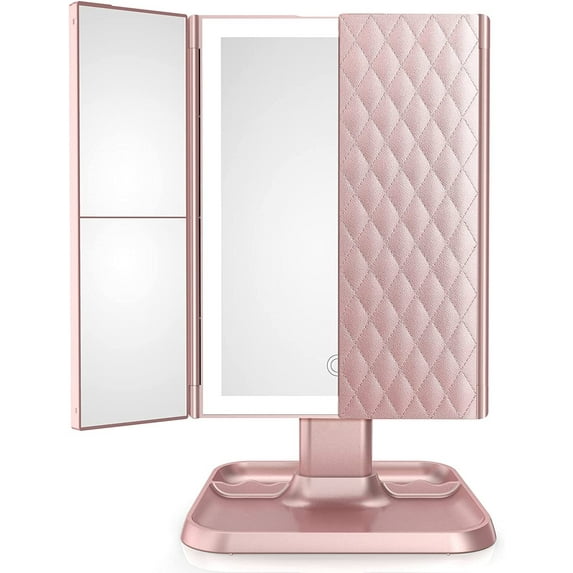 Makeup Mirror Vanity Mirror with Lights and Magnification, 3 Color Lighted Cosmetic Trifold Mirror with 72LEDs Touch Control(Pink)
