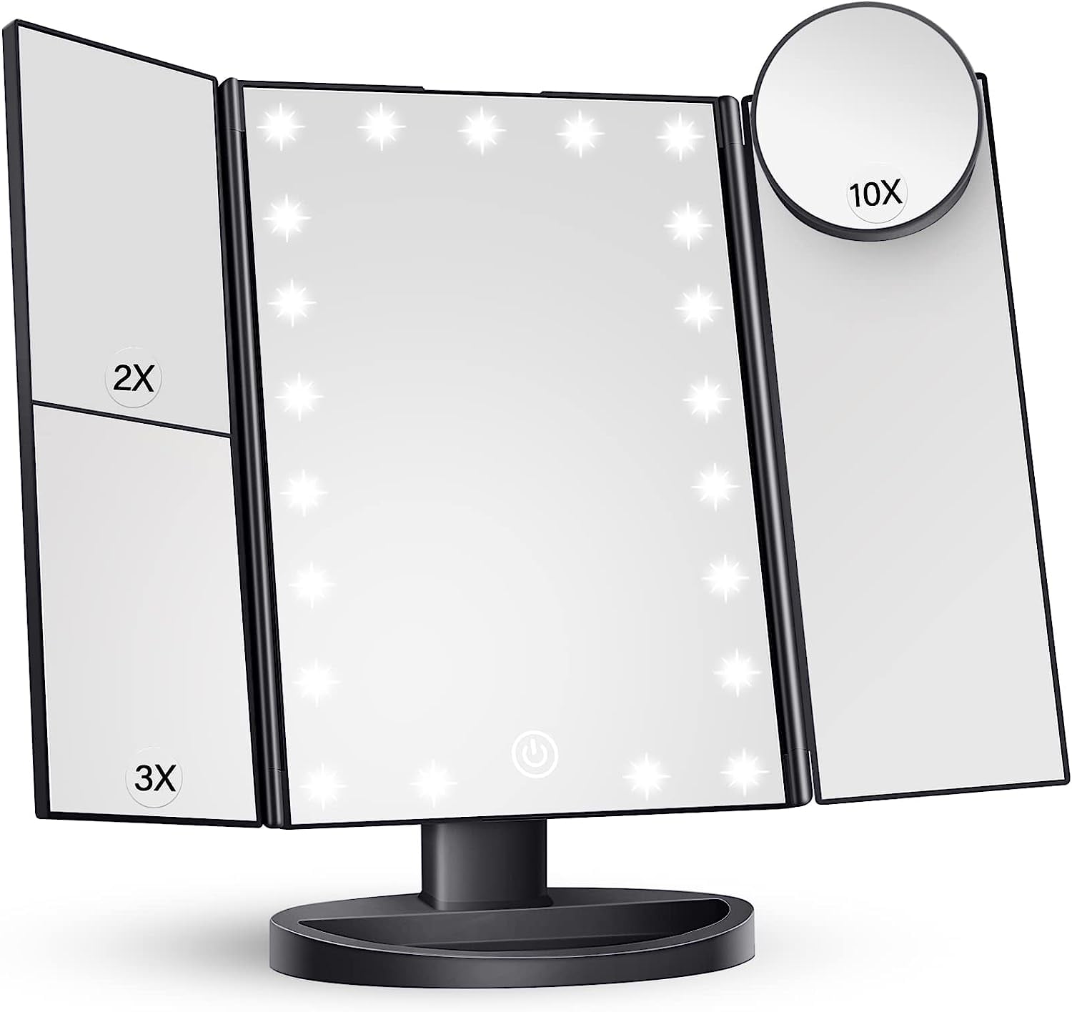 Black Trifold LED Lighted Makeup Mirror with Magnification
