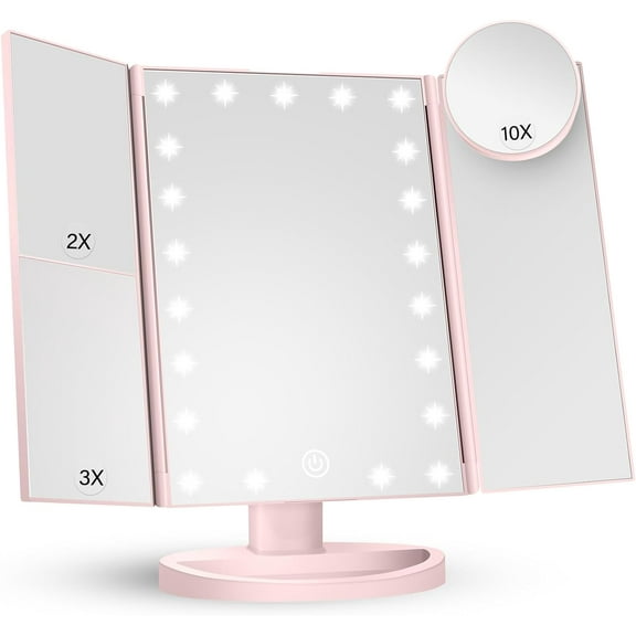 Makeup Mirror Vanity with Lights, 2X 3X 10X Magnification, Lighted Mirror, Touch Control, Trifold Dual Power Supply, Portable LED Women Gift (Pink)