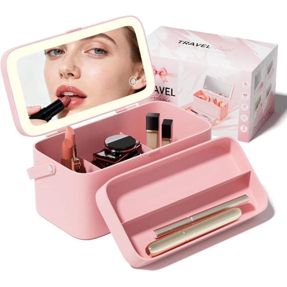 Makeup Mirror with 3-Color LED Lights & Layered Storage Rechargeable Vanity Mirror with Compartments Travel Makeup Organizer Gift for Women (Pink)